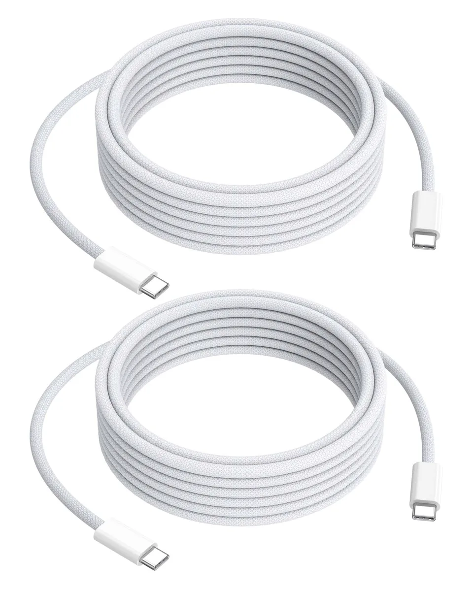 Orange braided USB-C cable coiled, 15 ft length, male-to-male connectors