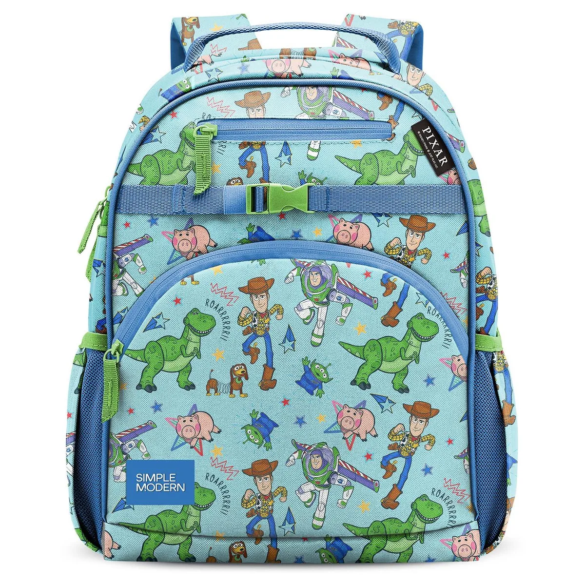 Medium polyester backpack with Toy Story print, 15 inches tall, padded straps, side bottle pockets