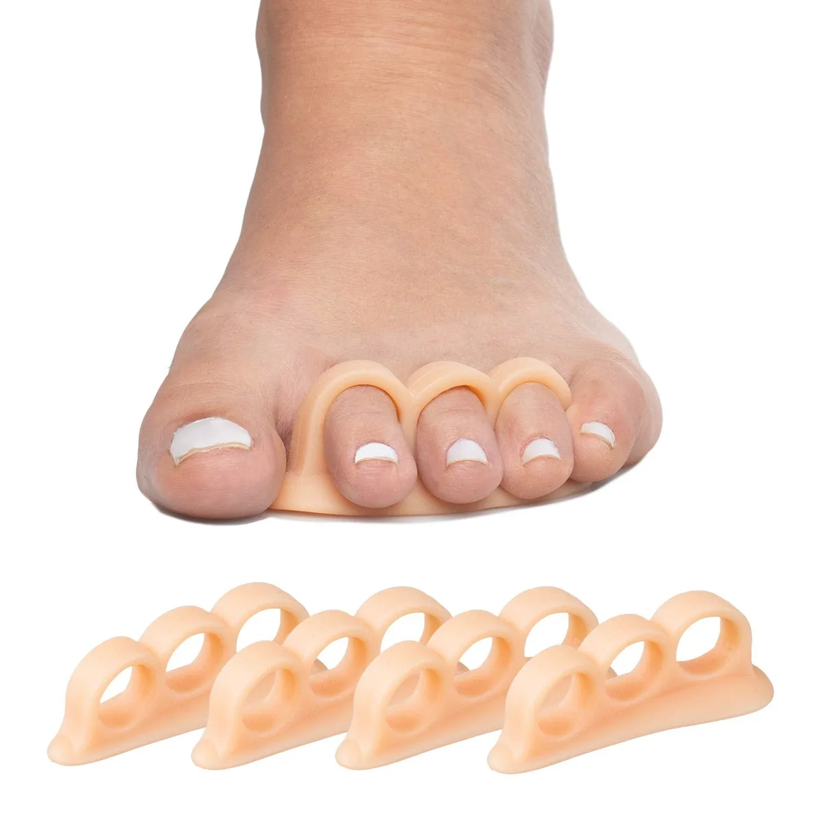 Four beige gel toe separators with three stretch loops each, soft flexible material, shown on flat surface