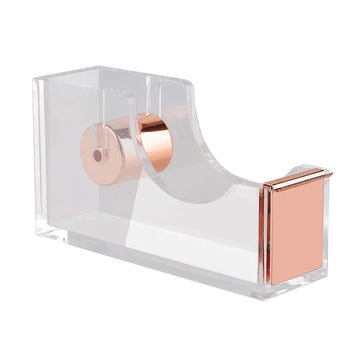 Clear acrylic tape dispenser in rose gold, compact rectangular shape with serrated cutter