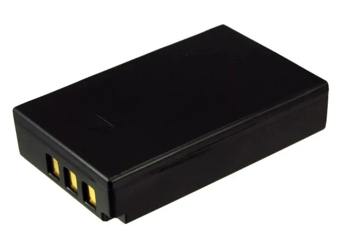 Rectangular lithium-ion camera battery with grey plastic casing and gold contacts