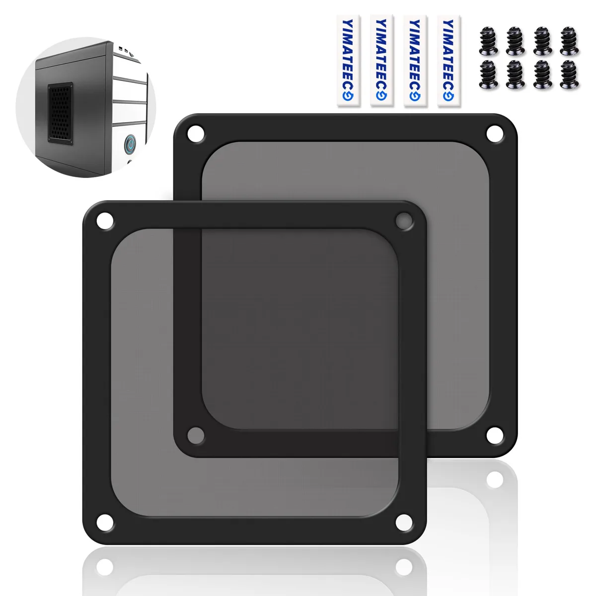 Two black 140 mm square magnetic dust filters with 80 mesh nylon mesh and frosted PVC frames