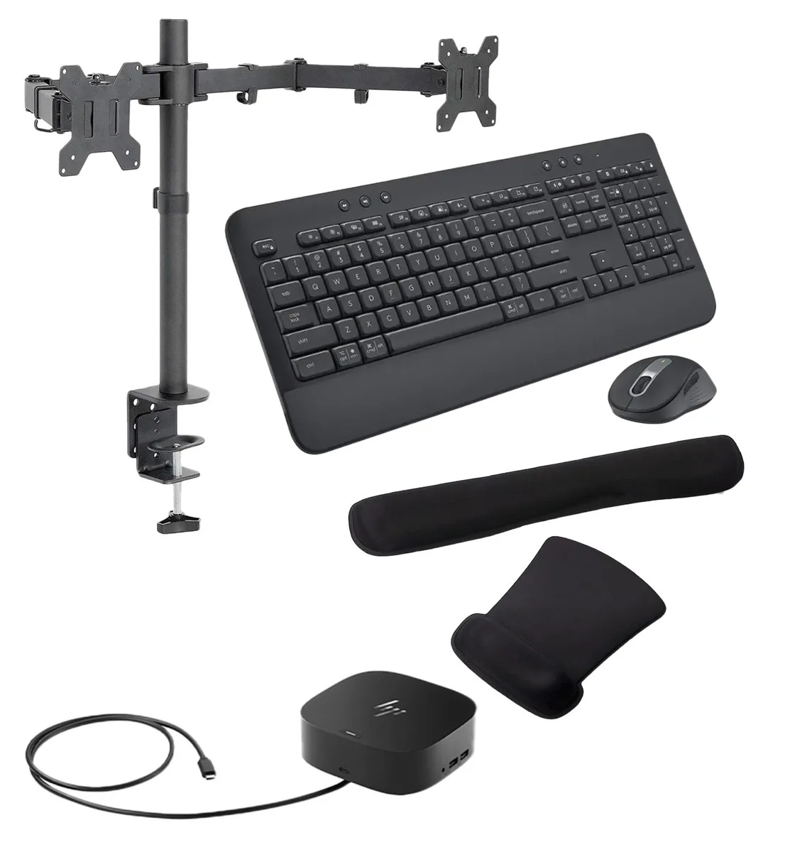 HP HP USB-C Dock G5 100W Bundle with MK650 Keyboard, Mouse, Dual Monitor Stand &amp; Gel Wrist Rest — product photo