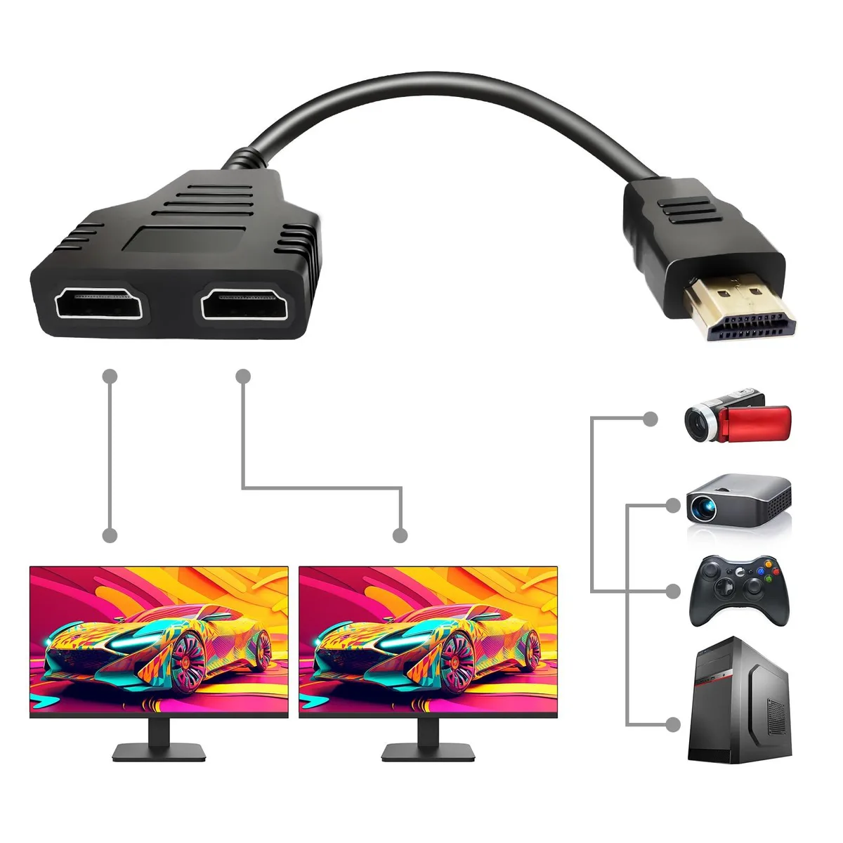 Black 30 cm DisplayPort splitter cable with one male input and two female outputs
