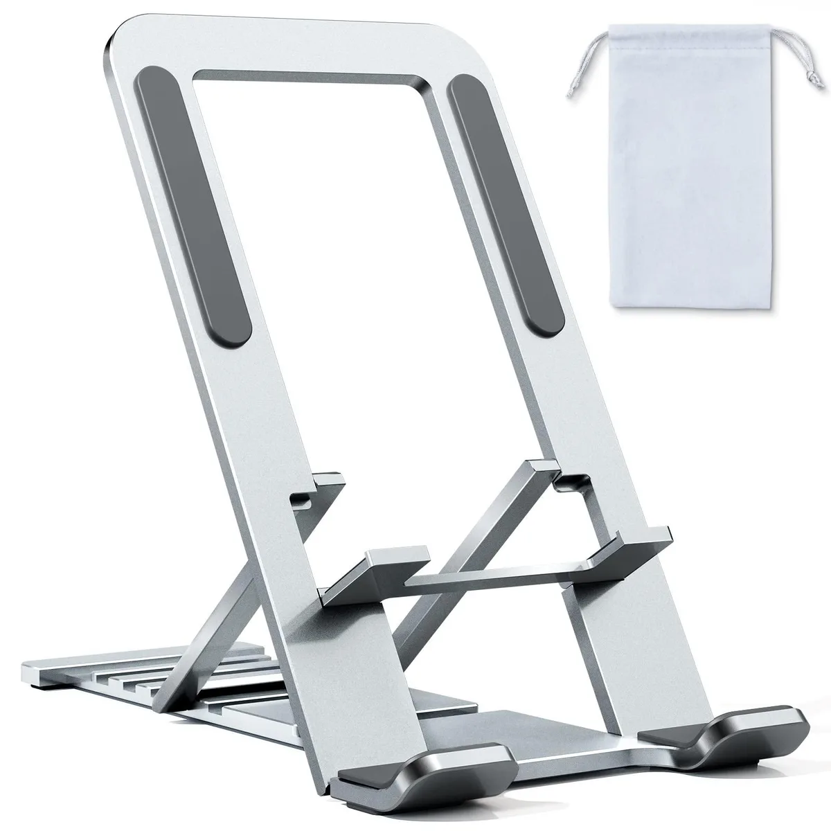 Silver foldable phone stand with two-tier cradle and adjustable kickstand