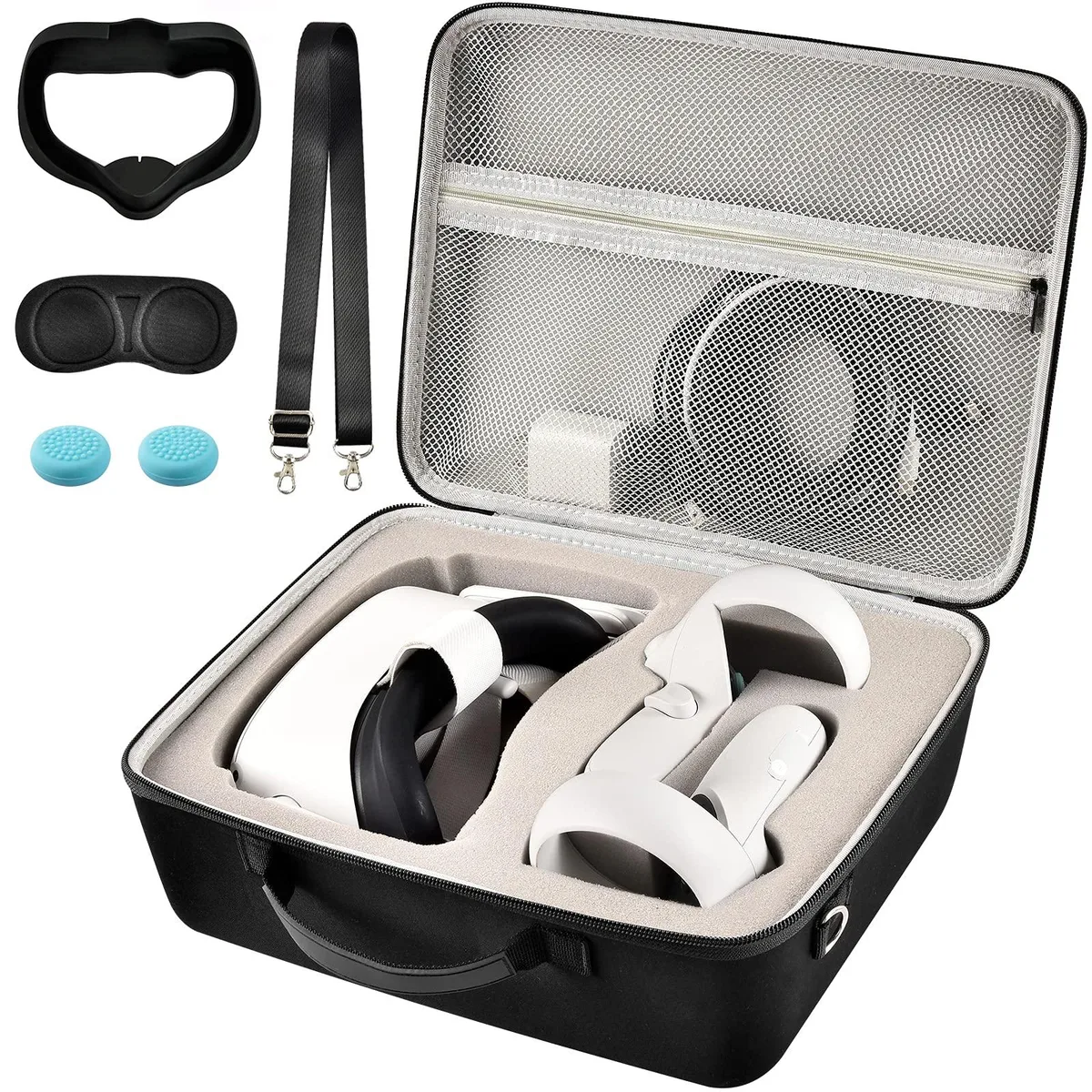 Black hard-shell VR headset case with grey interior and zipper