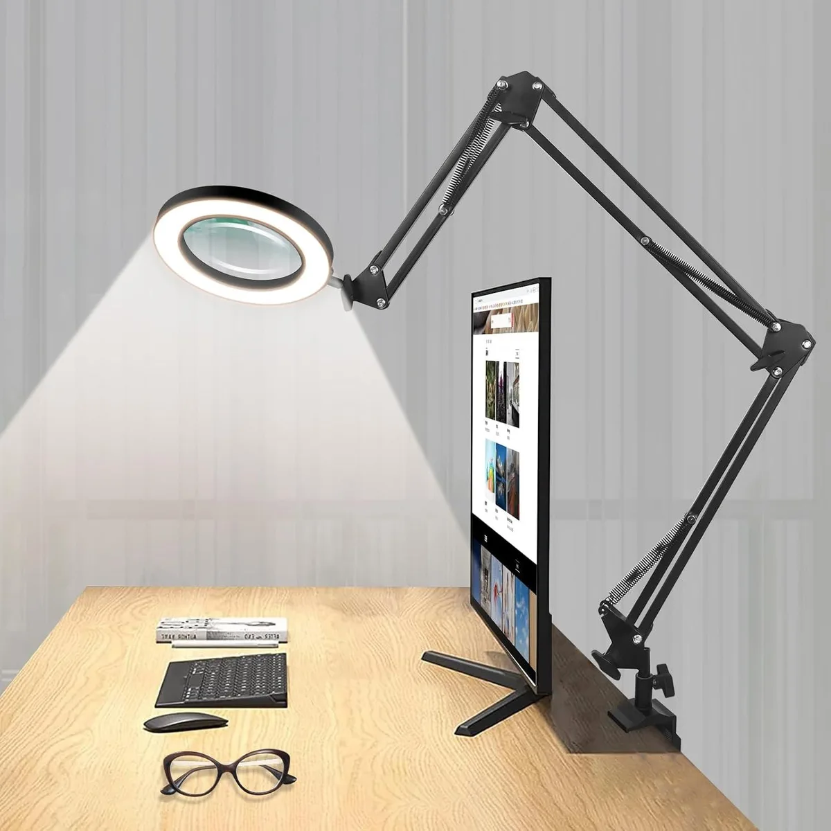 White desk magnifier lamp with three-section swing arm and large clamp base