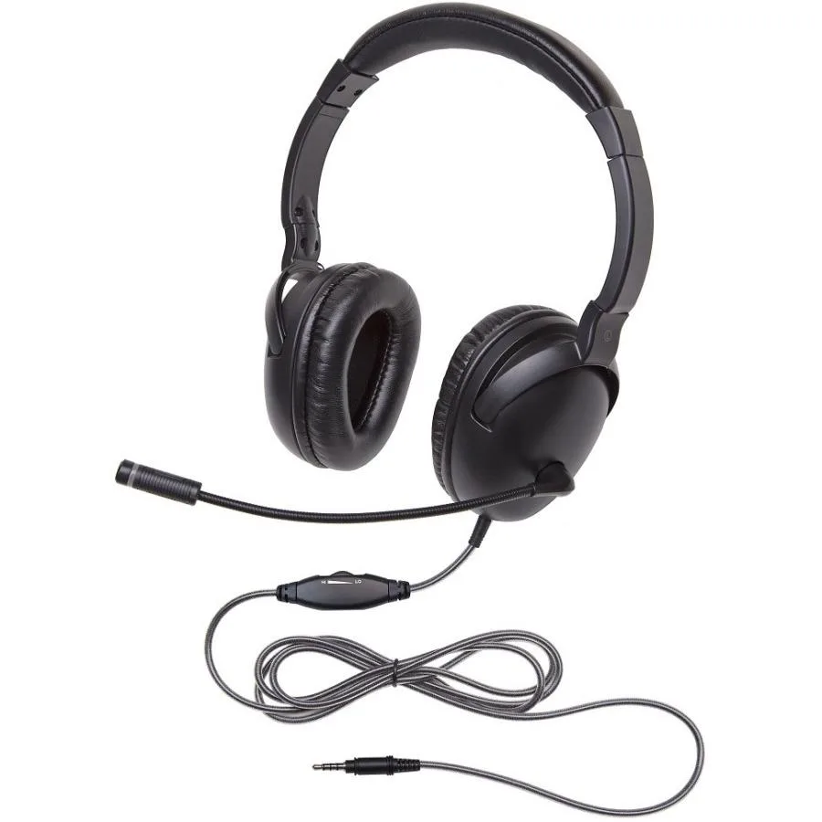 Black over-the-head USB headset with braided cord and inline volume control