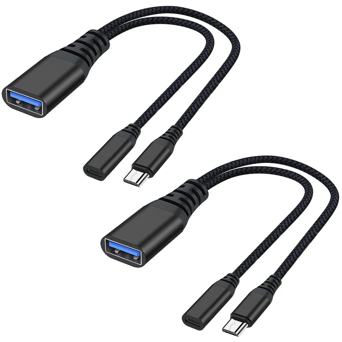 Two black micro USB OTG cable adapters in hand