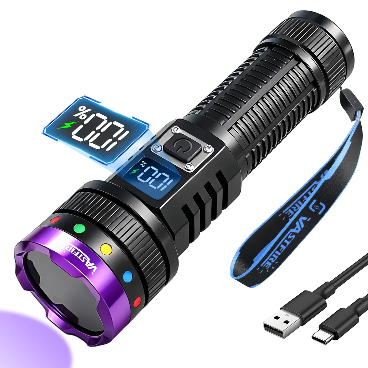 Black cylindrical UV flashlight with filter lens and LCD display