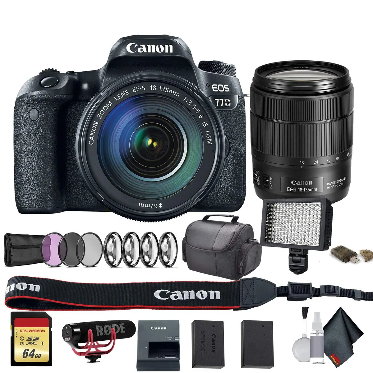 Canon Canon EOS 77D DSLR Camera 18-135mm USM Lens Kit with Rode Mic LED Light 64GB Card — product photo