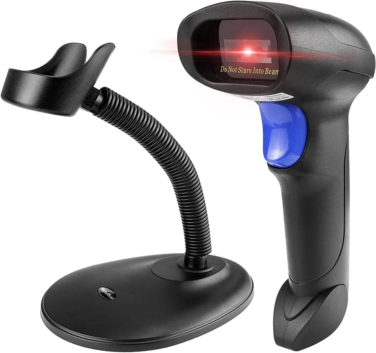 Handheld barcode scanner with curved grip and matching charging stand