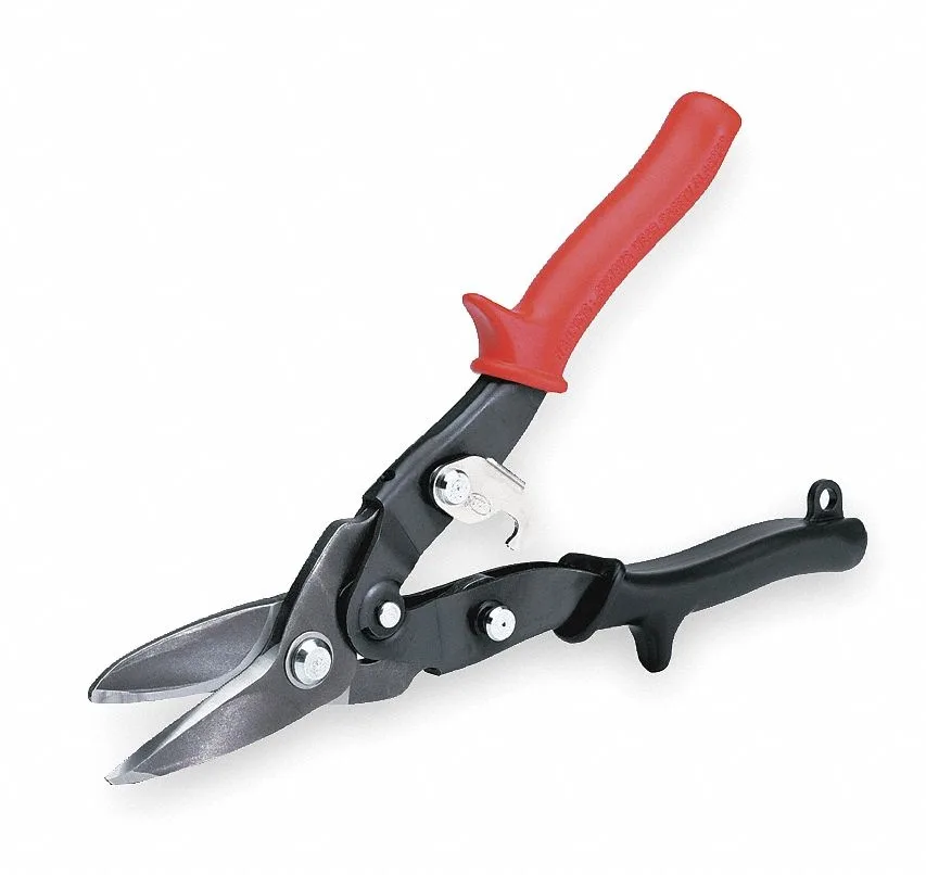 Red-handled 10 inch aviation snips with left-cutting offset blades and molded thermoplastic grips