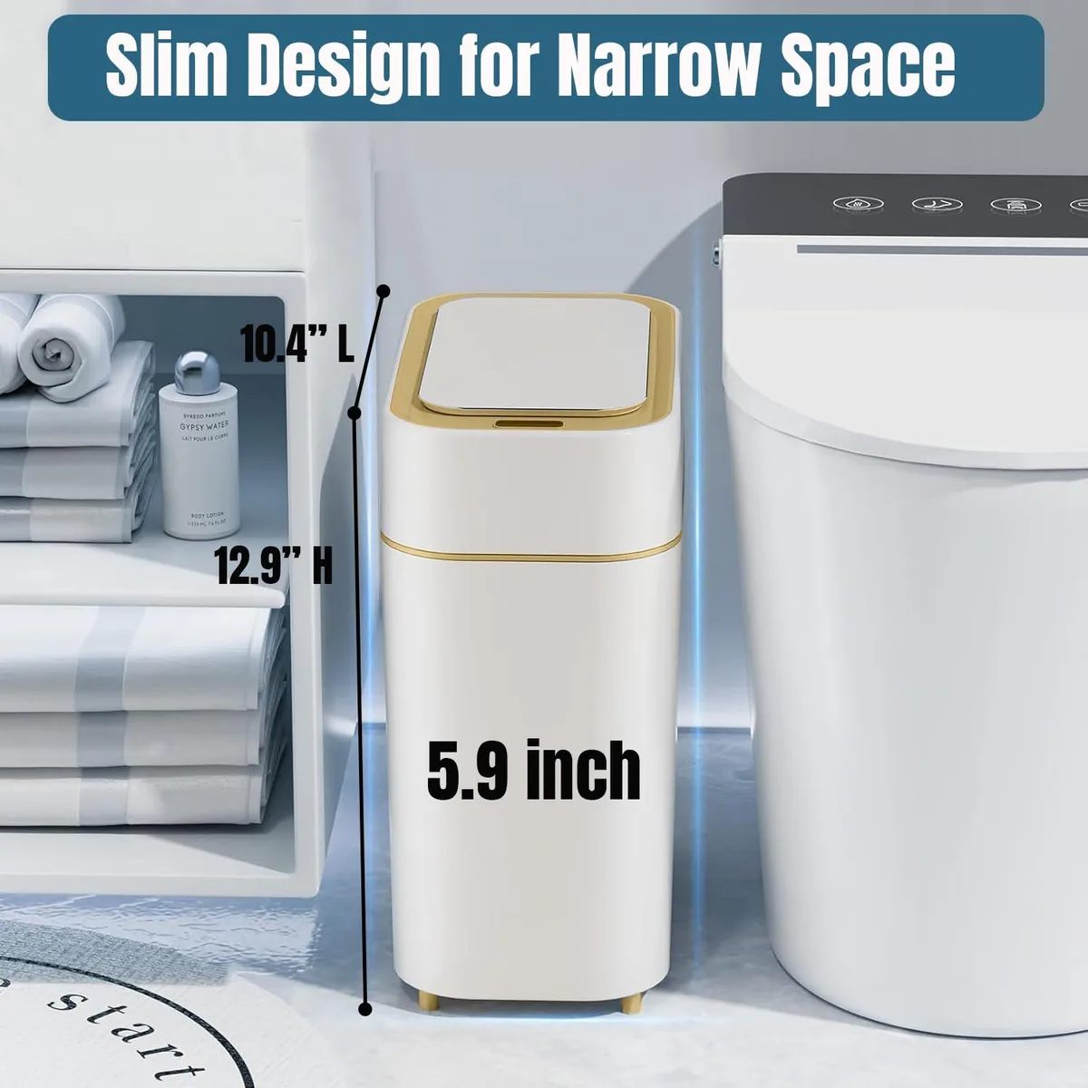 Two white plastic bins with gold trim, slim rectangular shape, motion sensor lids