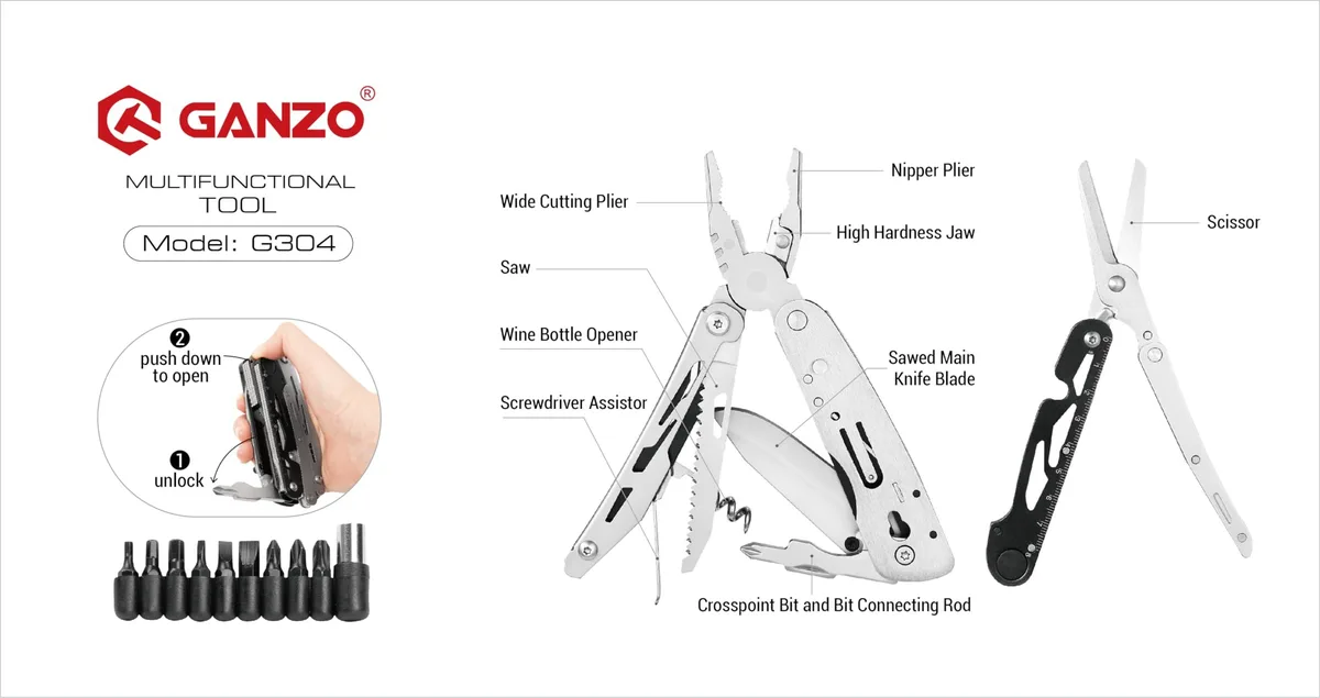 Full-sized stainless steel multitool with pliers, knife, bit set and black sheath