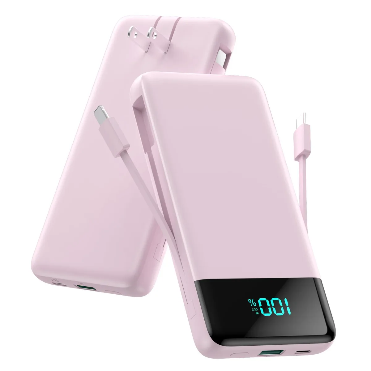 Pink rectangular power bank with built-in cables and foldable wall plug