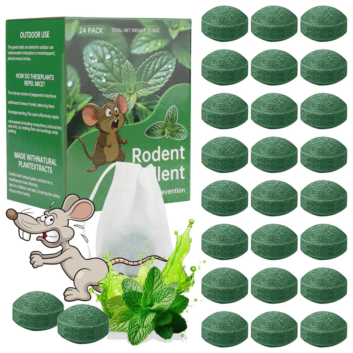 Twenty-four white repellent balls in mesh bags, peppermint lemon scent
