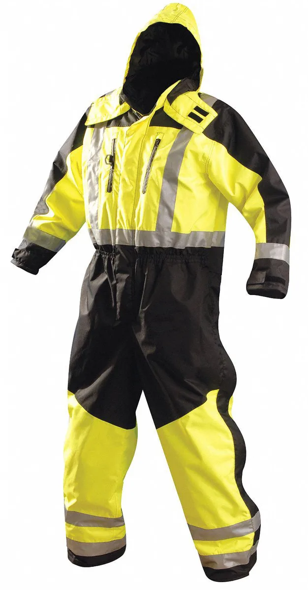 Black and yellow high-visibility coverall with snap-on hood, elastic ankles, and multiple pockets