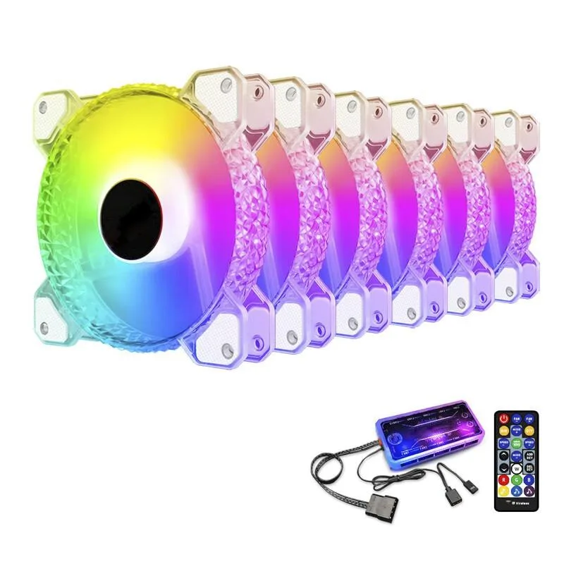 Six square crystal diamond 120 mm fans with transparent frames and RGB LEDs, shown in a pack of six