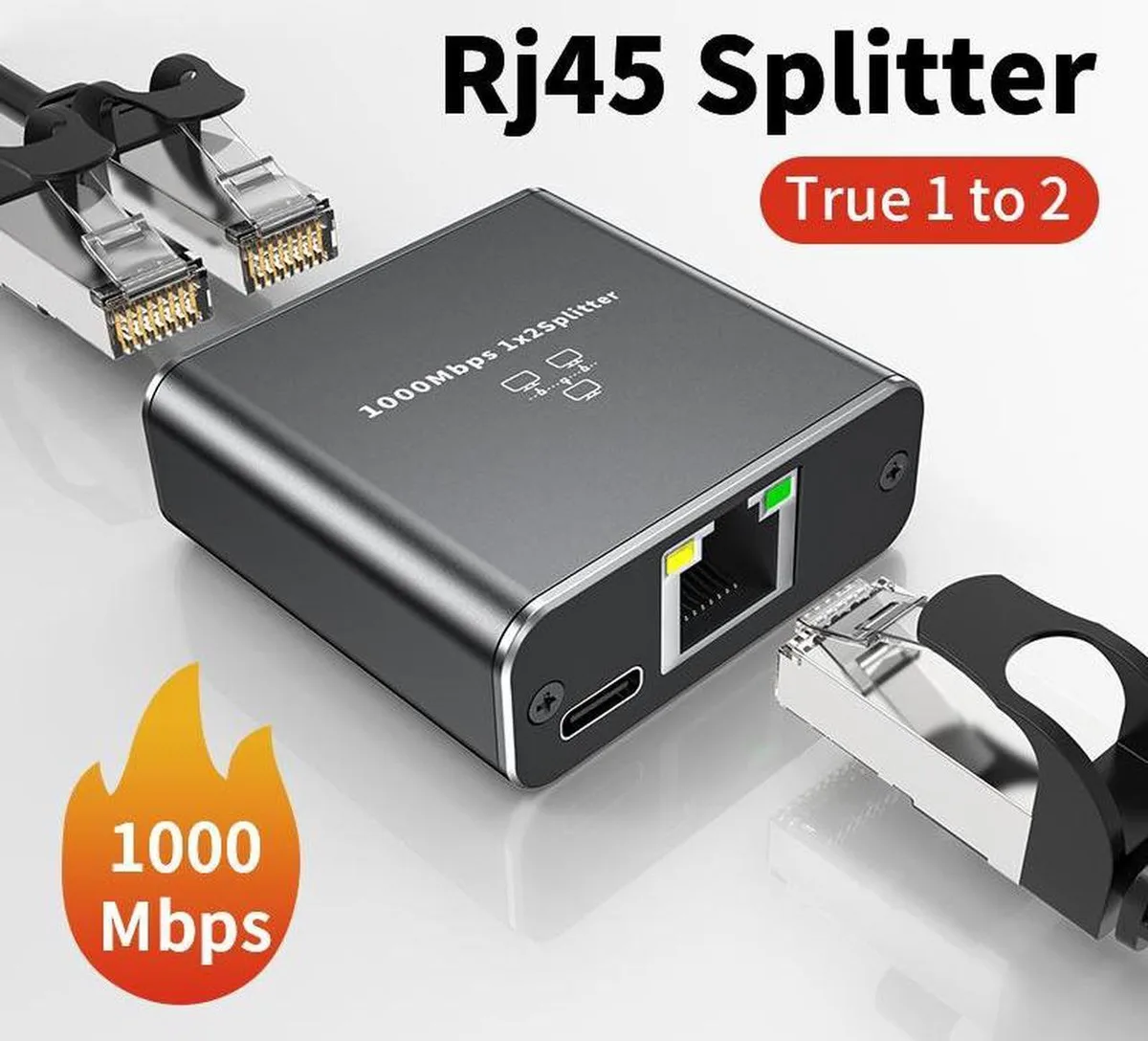 Vszerda Vszerda Gigabit Ethernet Splitter 1 to 2 USB Powered 1000Mbps network connector — product photo