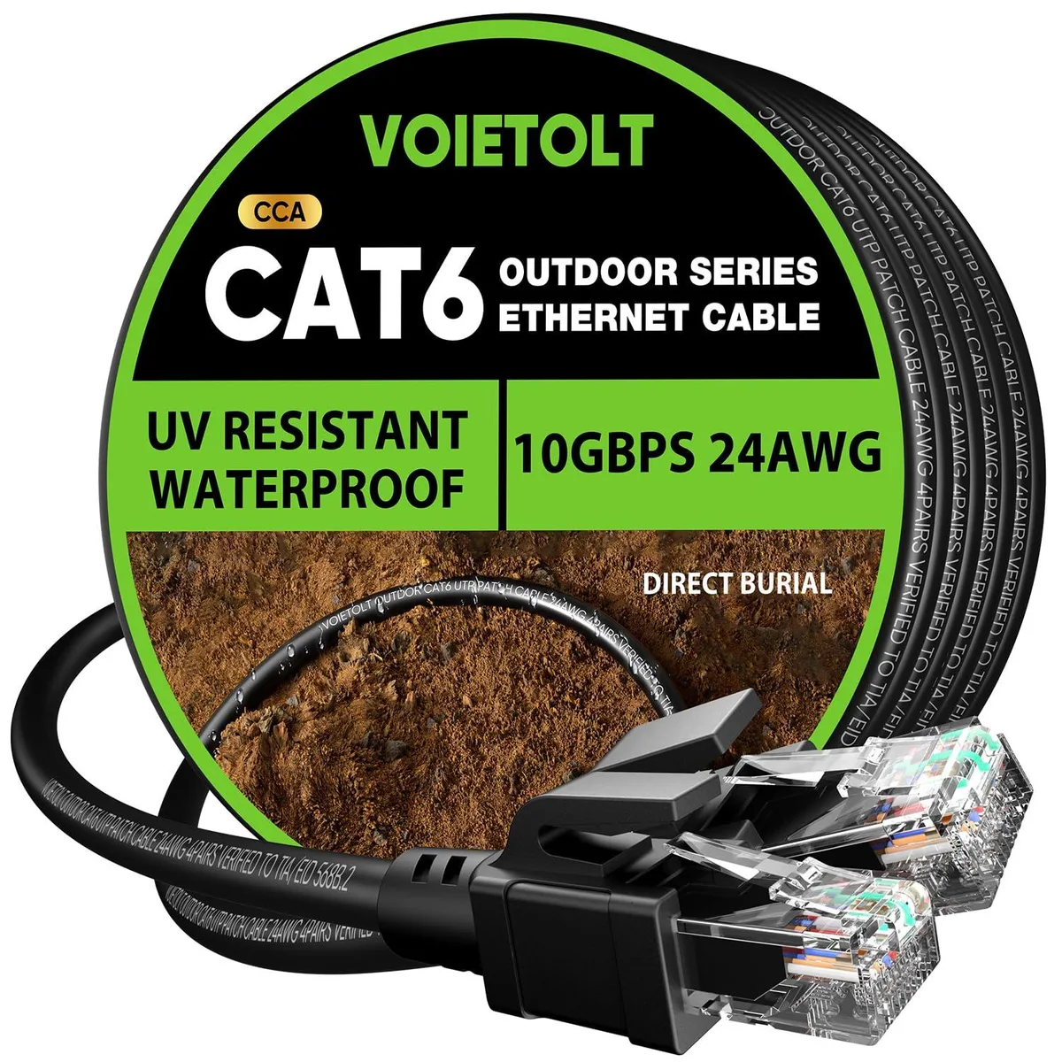 BFKK BFKK Cat 6 Outdoor Ethernet Cable 250 ft 24AWG 10Gbps 550MHz CCA UTP LLDPE UV Jacket Direct Burial 20 Ties — product photo