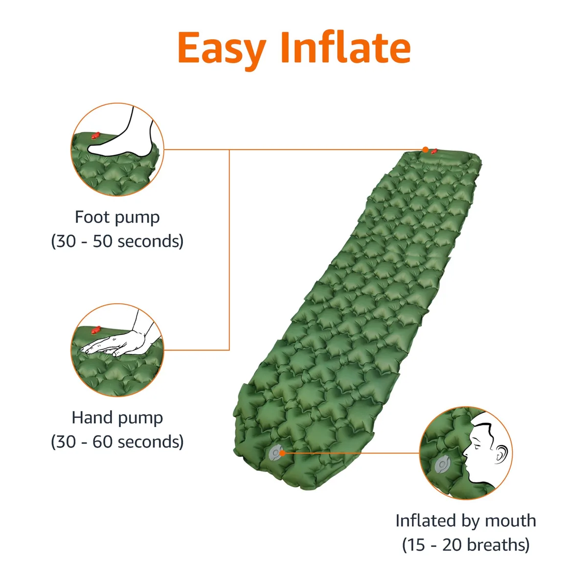 Olive green rectangular sleeping pad with built-in foot pump, rolled in stuff sack