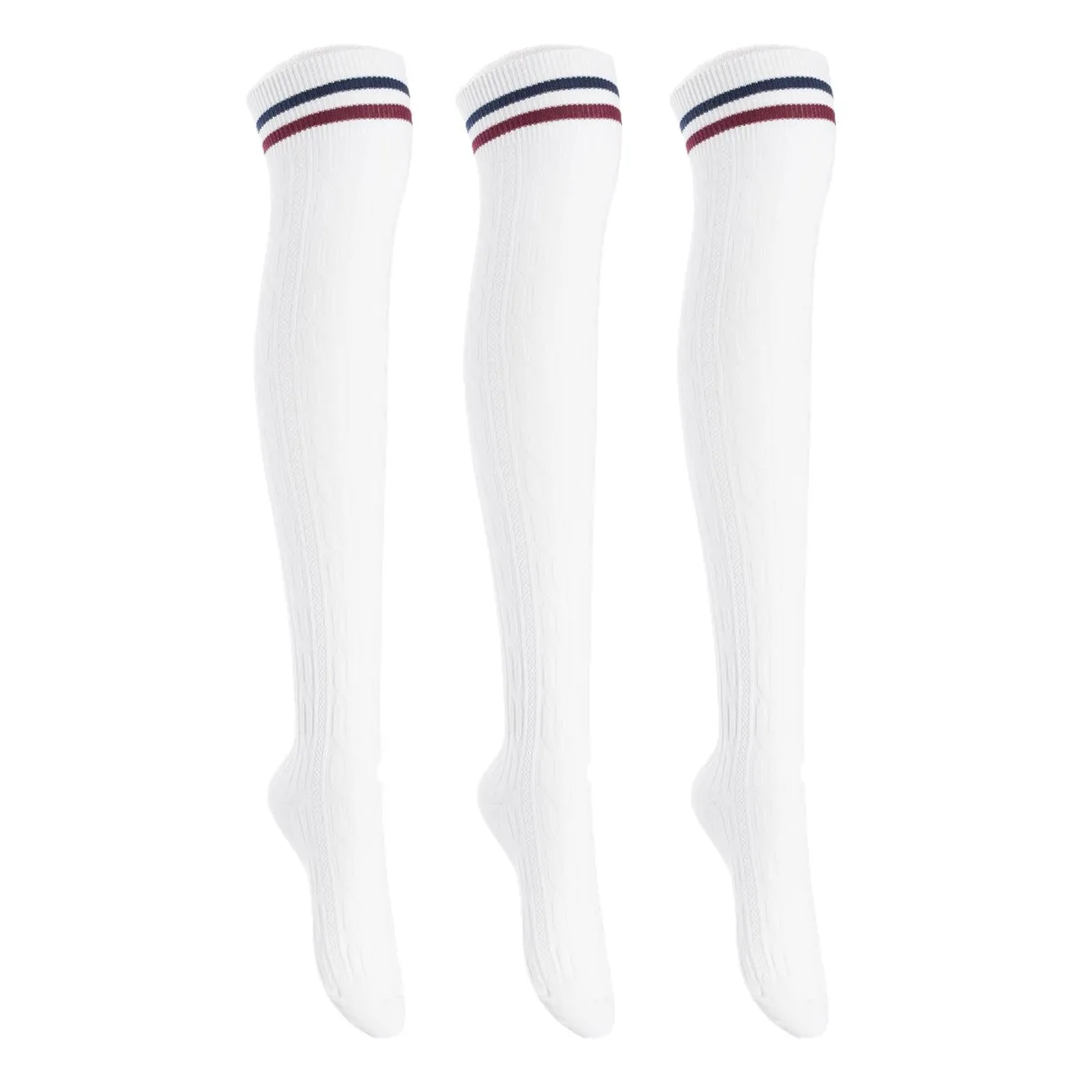 Three pairs of white thigh-high cotton socks with over-the-knee length