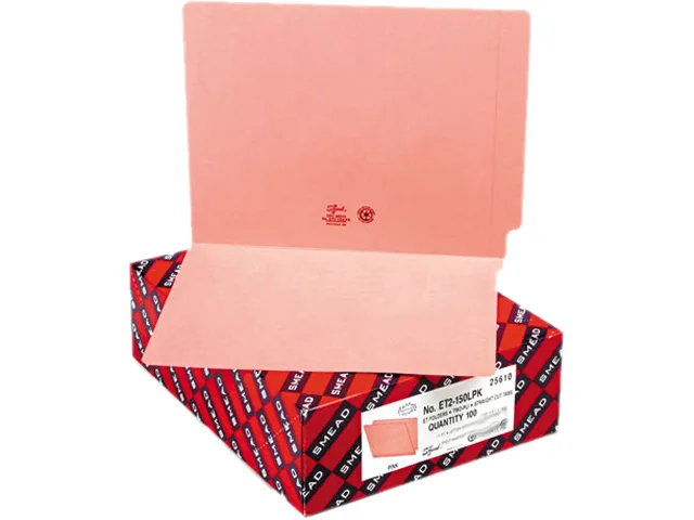 Pink letter-size file folders in a box of one hundred, straight-cut reinforced tabs, 11-point stock