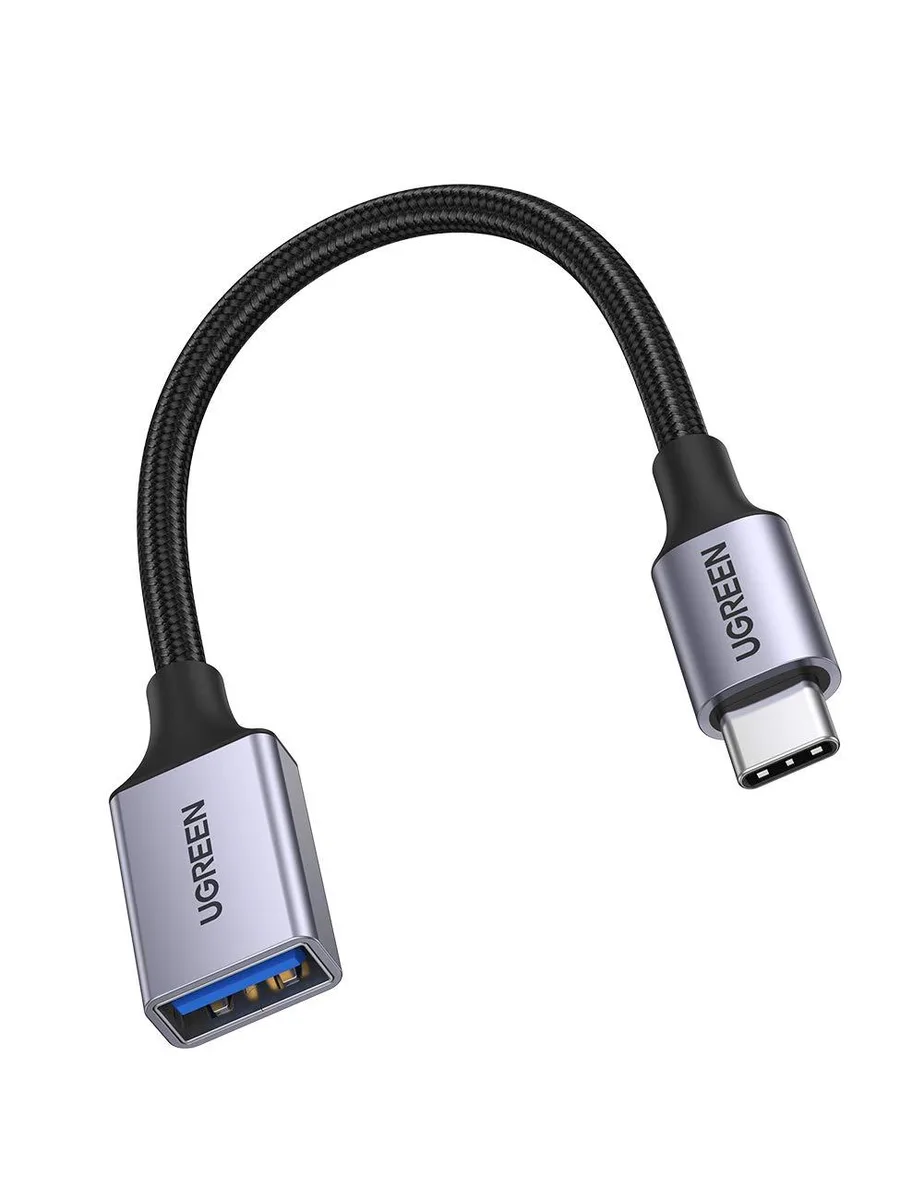 Grey USB-C male to USB-A female adapter with braided cable and aluminium shell
