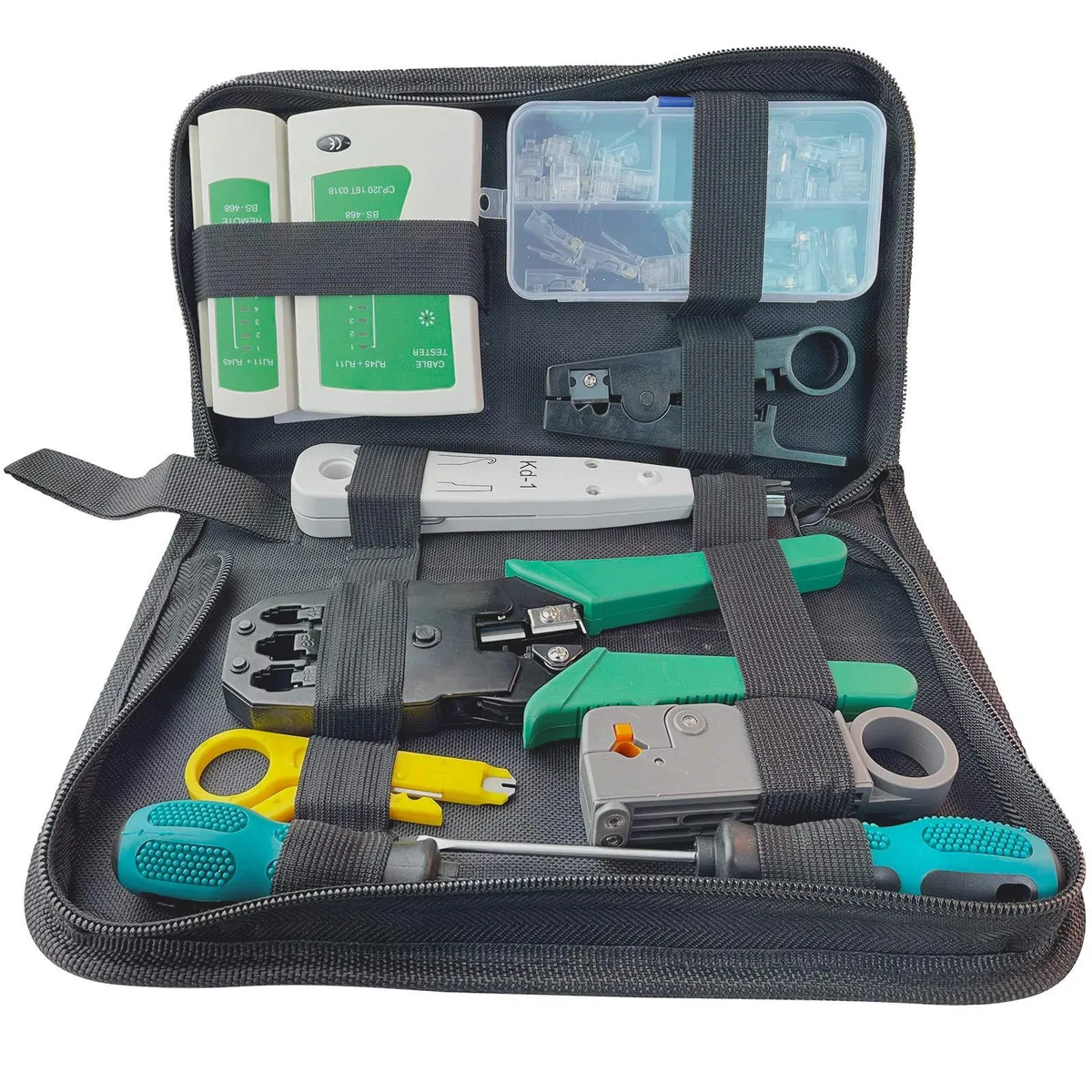 Red 25-pin electrician tool kit in a portable bag with crimper, tester, stripper, punch-down tool, screwdrivers and connectors