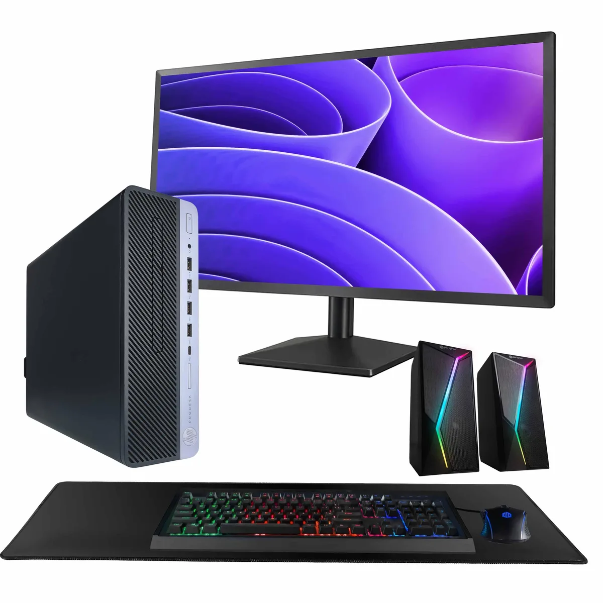 HP HP ProDesk 600G4 desktop PC i5-8500 16GB DDR3 1TB SSD 24" monitor GeForce 1030 RGB speaker AX200 WiFi BT — product photo