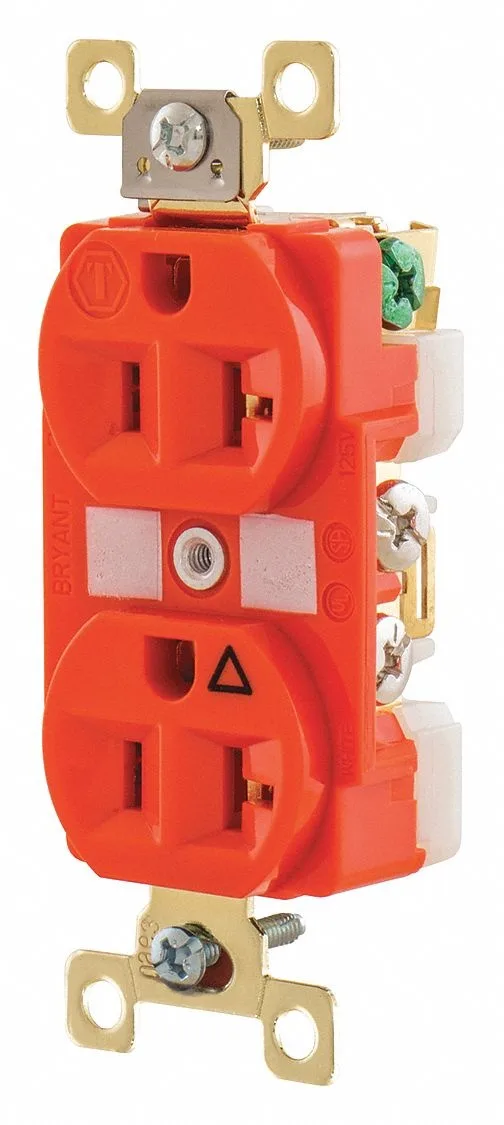 Orange nylon straight blade plug with two vertical slots and a ground hole