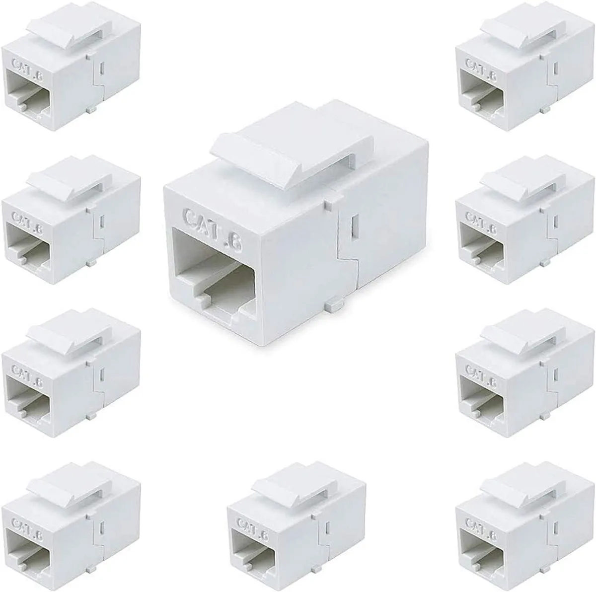 Ten white Cat6 keystone RJ45 couplers in a pack