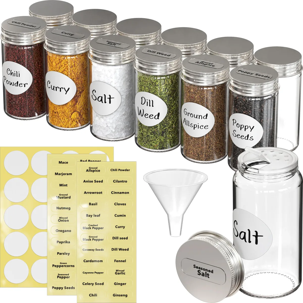 Twelve clear round glass spice jars with shaker lids plus funnel and label sheets