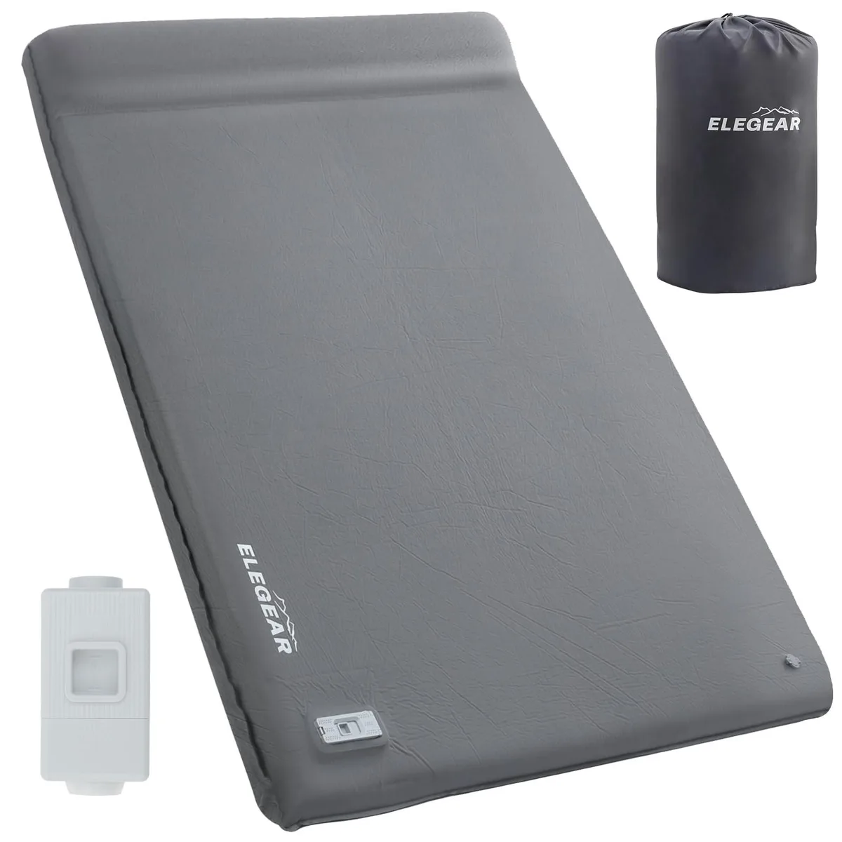 Dark grey rectangular sleeping pad with built-in pump, 78 by 51 inches, 3.15 inches thick