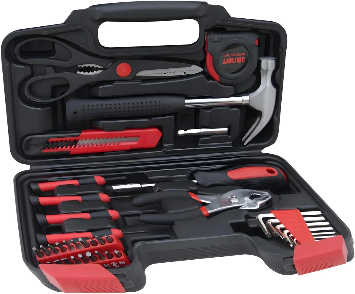 Red metal tool box containing 39 silver hand tools