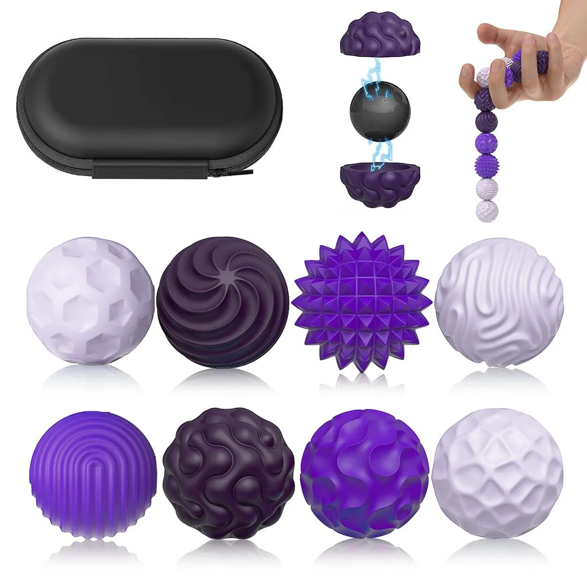 Eight purple textured silicone magnetic balls on a surface