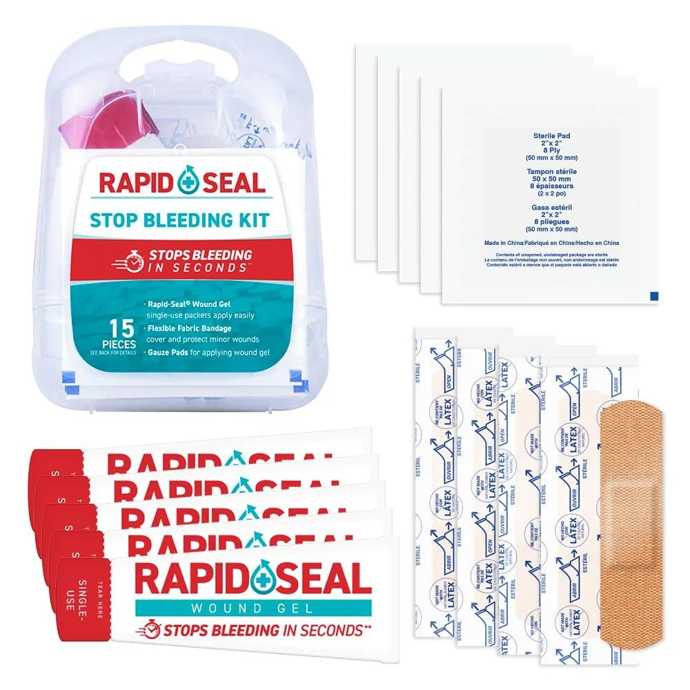 Clear compact first aid kit with 15 pieces including gauze pads adhesive bandages and gel packets