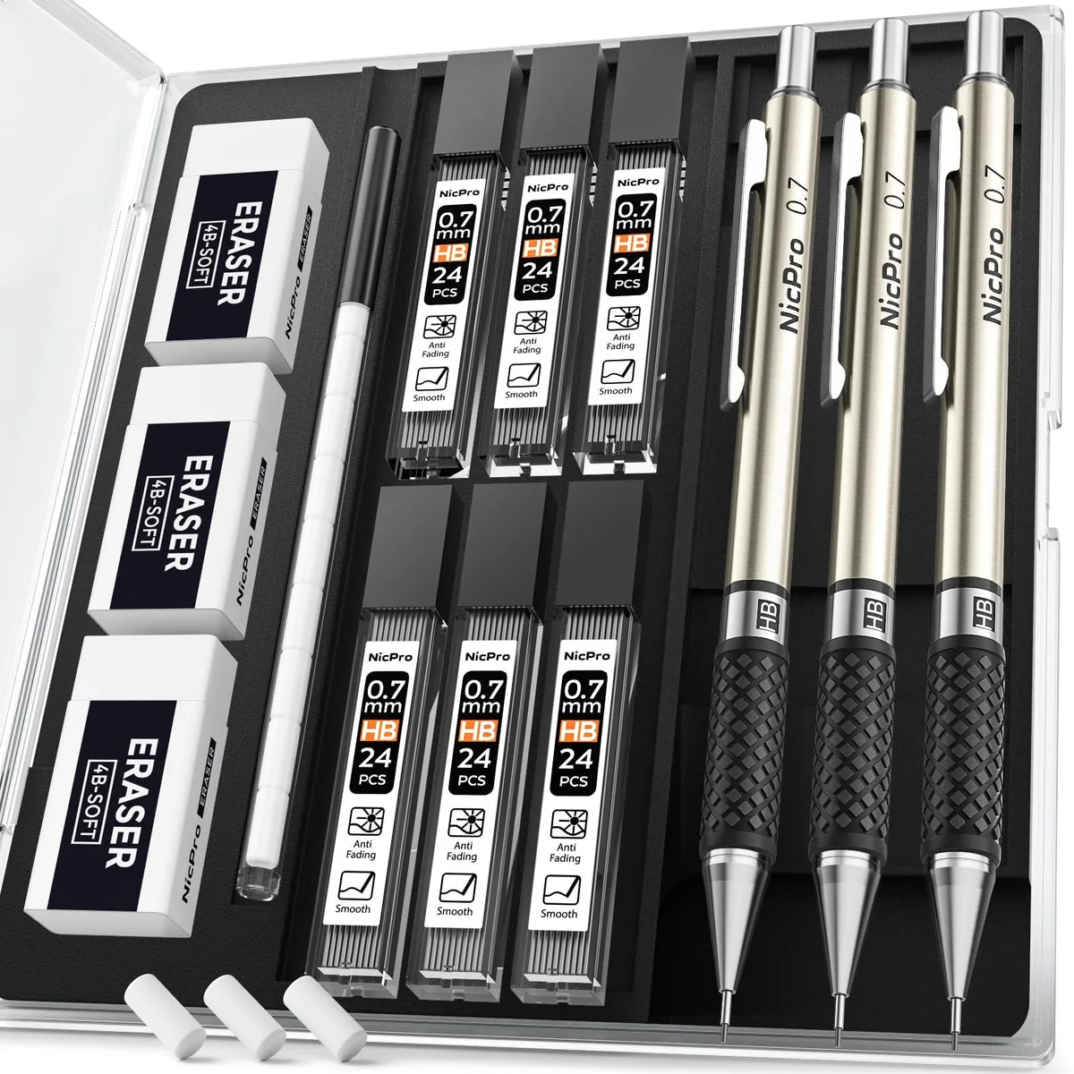 Three black metal mechanical pencils in a clear plastic case with lead tubes and erasers