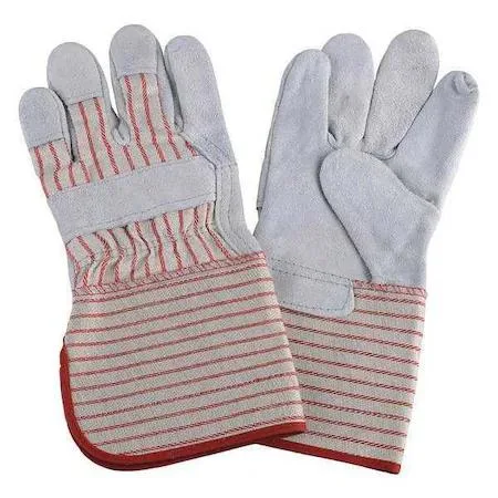 Pair of brown cowhide leather work gloves with gauntlet cuffs and wing thumb design