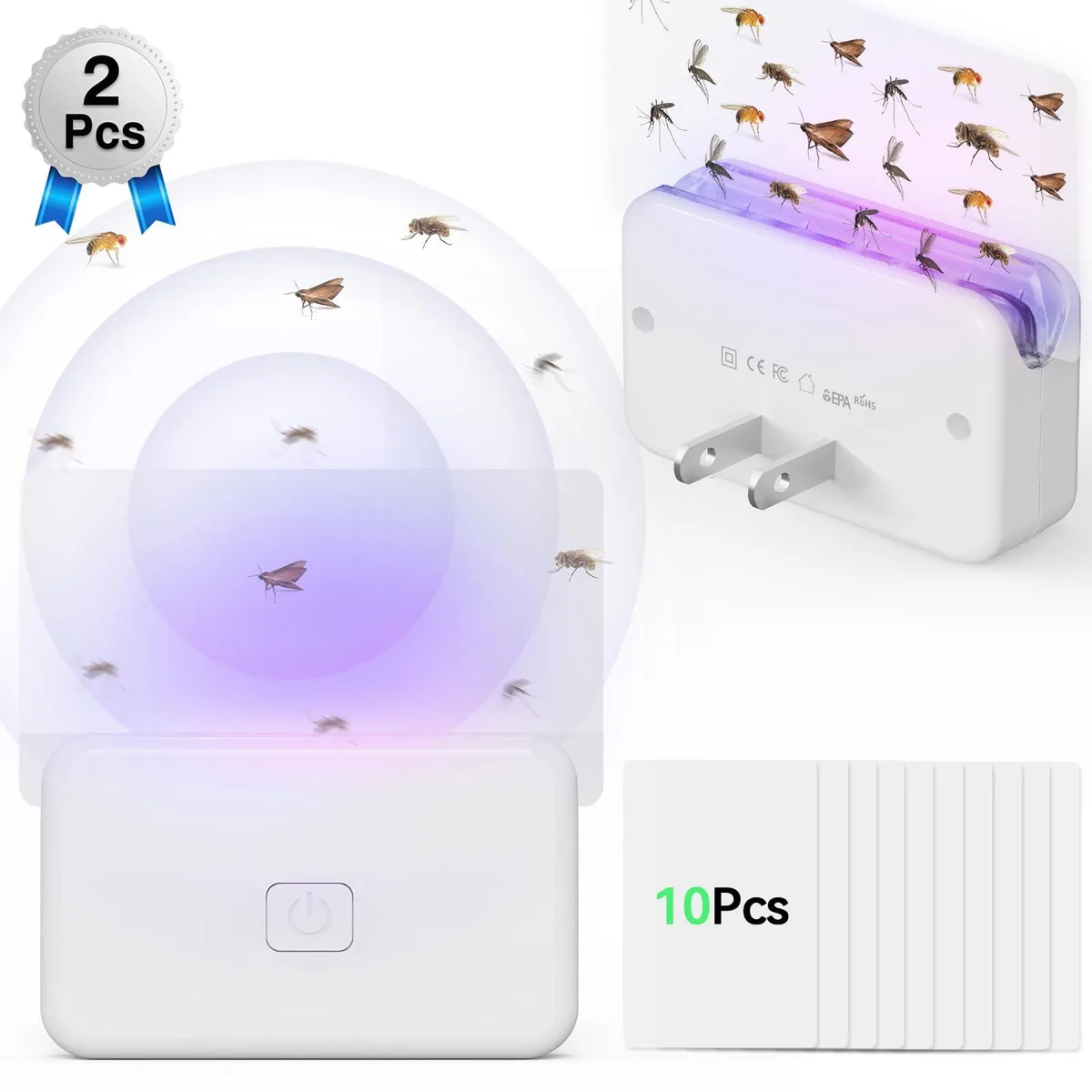 Two white plug-in cubes with transparent sticky cards and ten refill cards