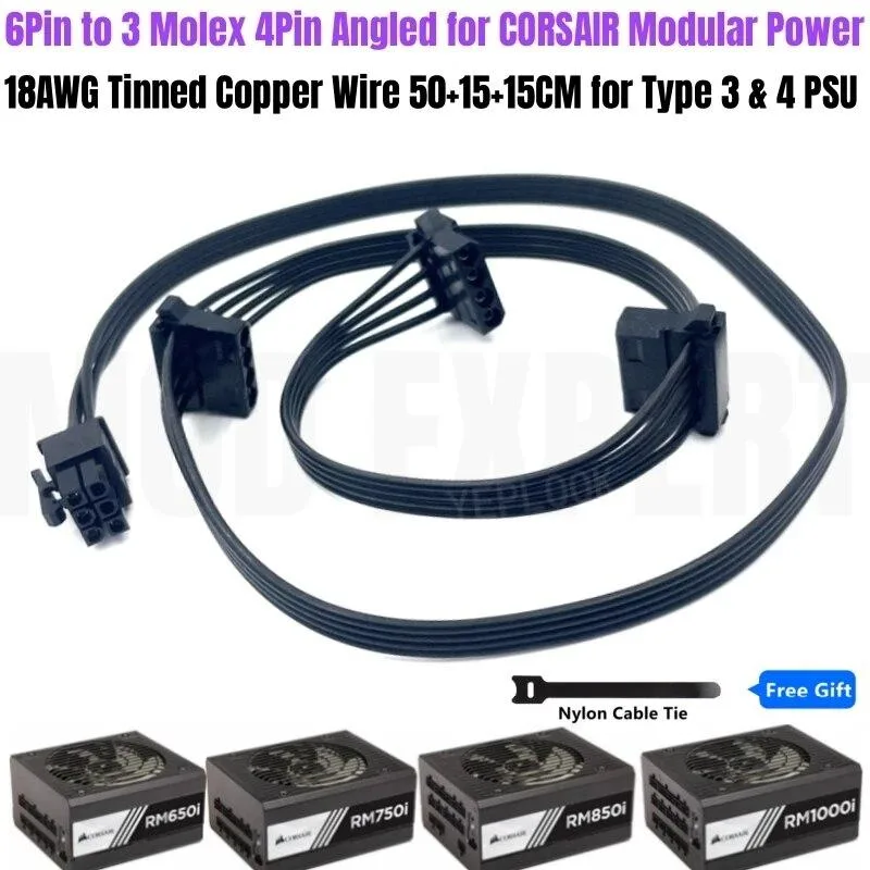 YEPLOOK YEPLOOK 6Pin to 3 Molex 4Pin Angled Cable Corsair RM550i RM650i RM750i RM850i RM1000i Type4 50+15+15CM 18AWG — product photo