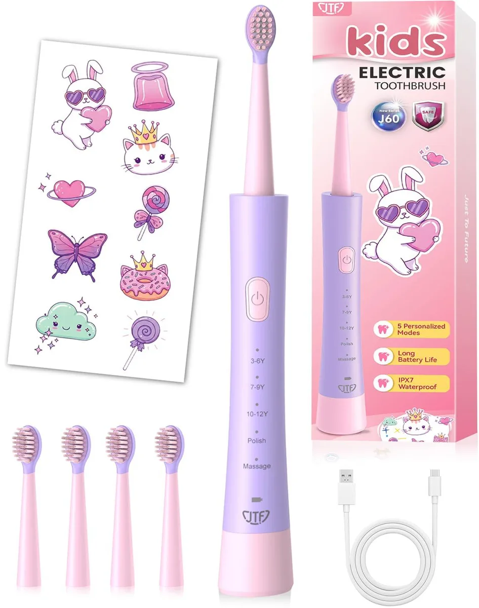 Pink rechargeable sonic toothbrush with stickers and four brush heads