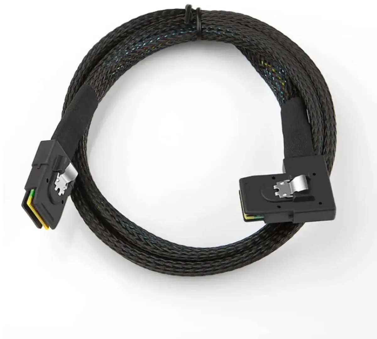 Black 12Gbps SAS cable with straight and right-angle SFF8087 connectors