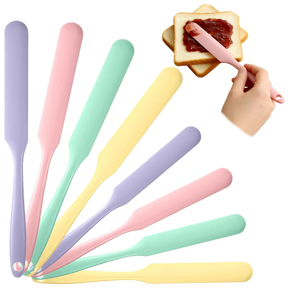 Eight silicone spatulas in purple green pink yellow with long slim handles