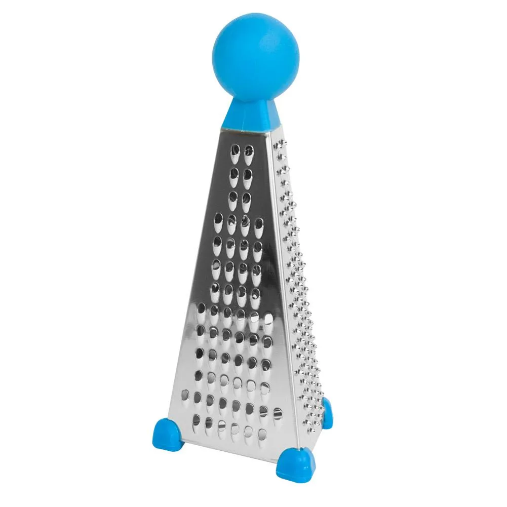 Compact stainless steel tower grater with three grating surfaces and non-slip feet