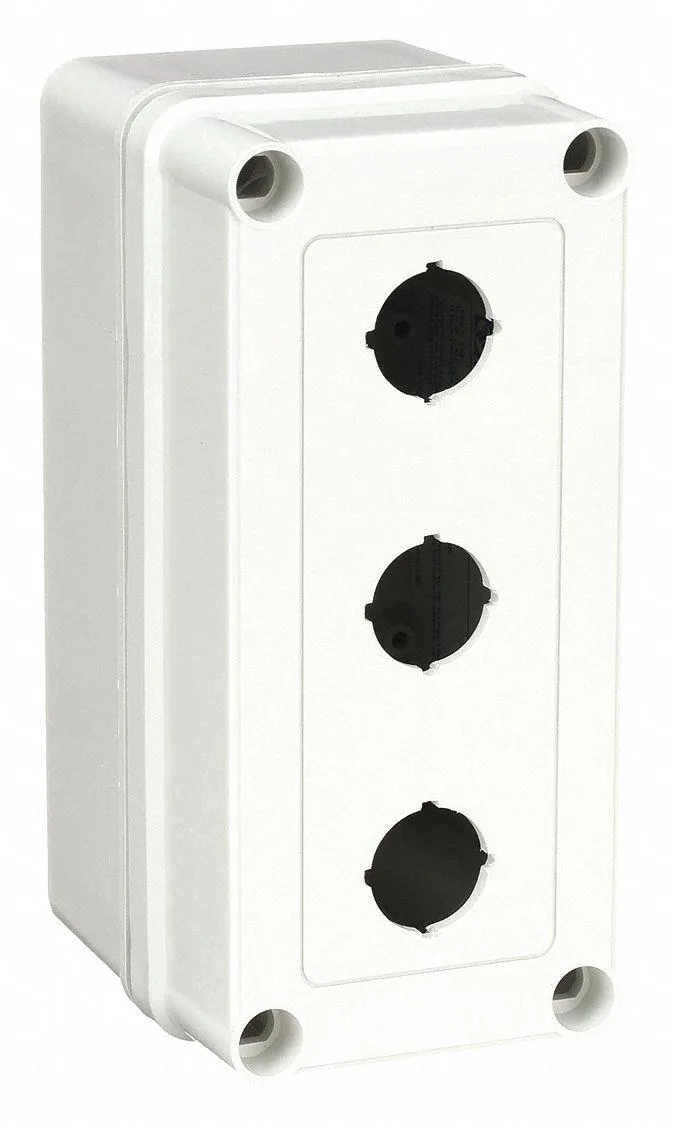 Gray polyester pushbutton enclosure with three 22 mm holes, 6.38 in tall