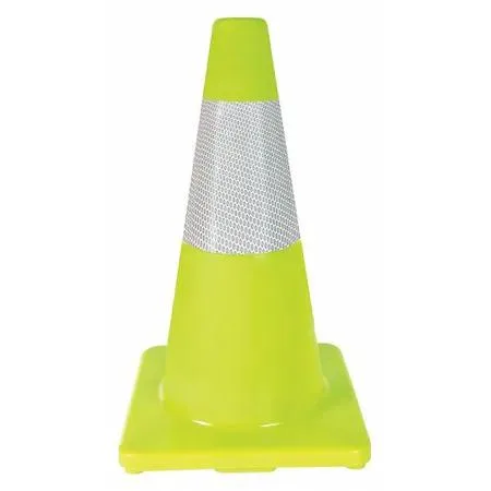Orange traffic cone, 18 inches tall, fluorescent lime PVC with one reflective collar