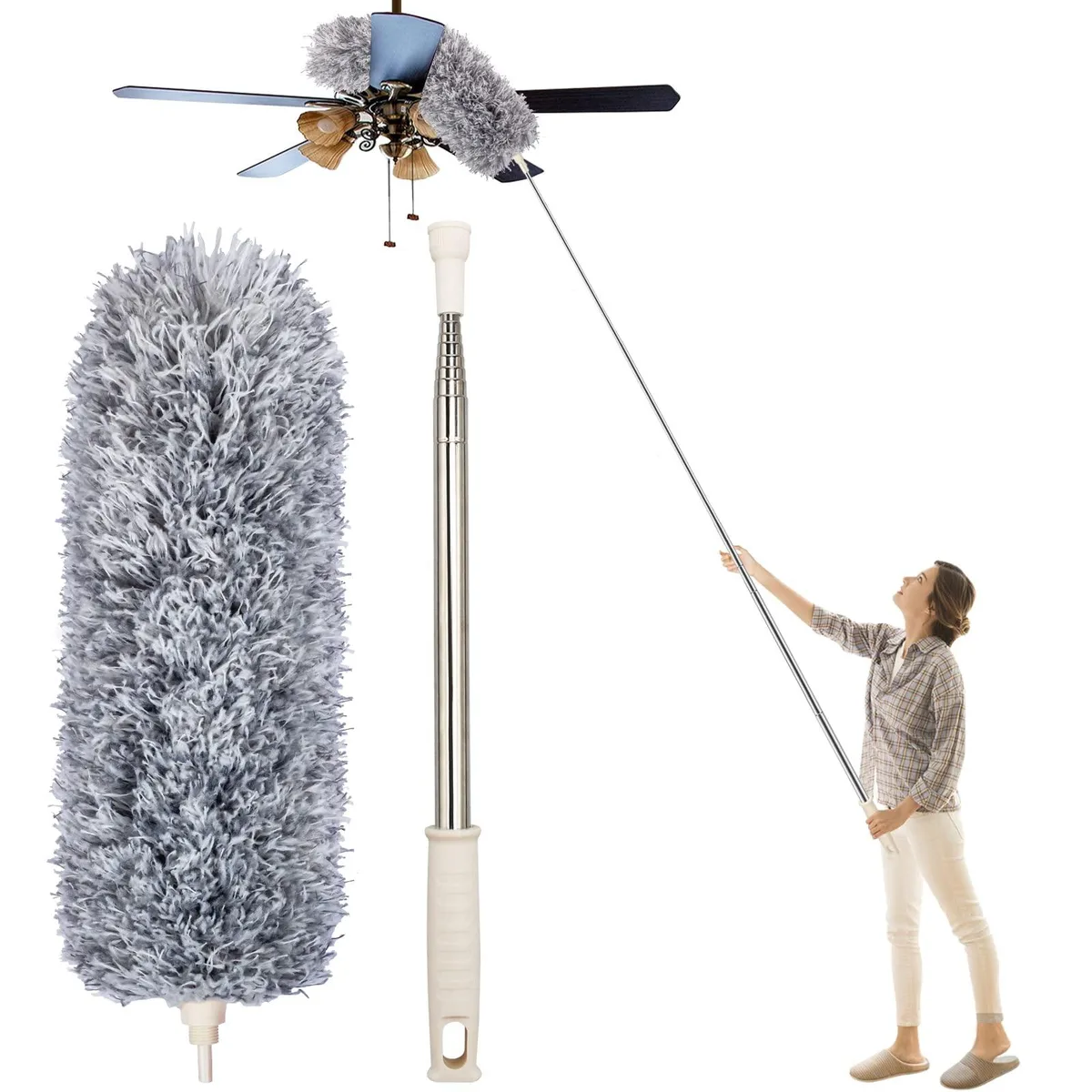 Black microfiber duster head on telescoping pole extending from 30 to 100 inches