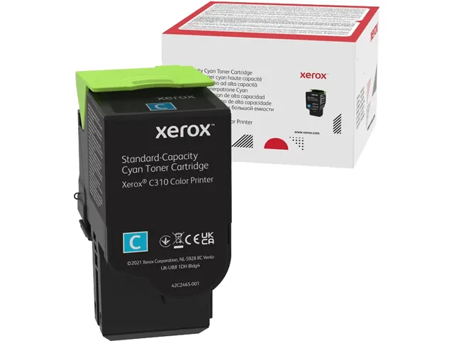 Rectangular cyan toner cartridge with green label and plastic housing